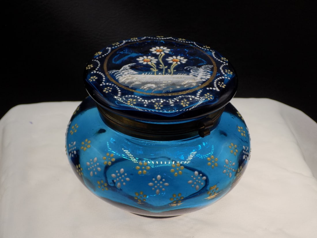 Antique decorated art glass jewelry box: Antique decorated art glass jewelry box. Blue glass with enamel decorated flowers. Beautiful colors. In very good original as found condition. Great quality and detail. 3 ¼ inches tall x