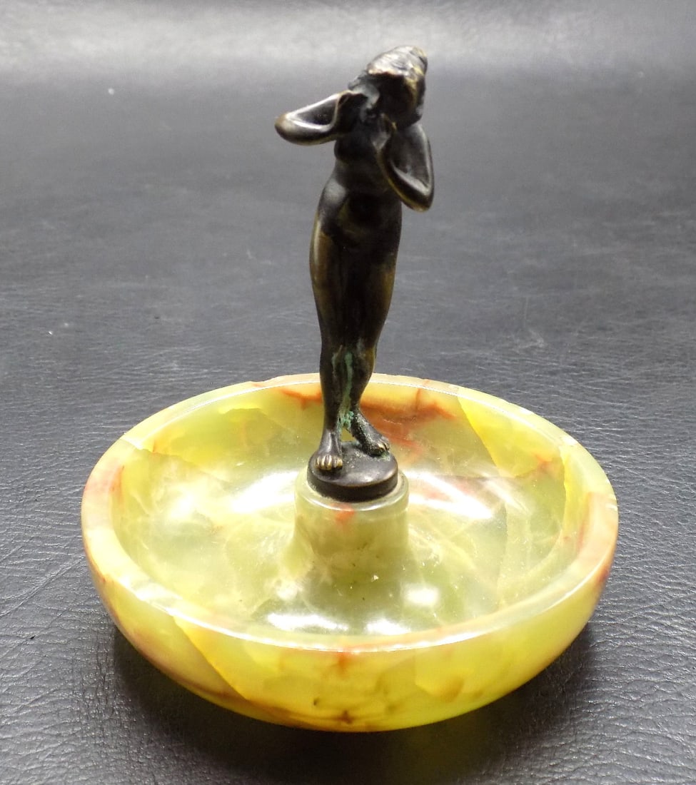 Art Deco Bronze bathing beauty on onyx base ring: Art Deco Bronze bathing beauty on onyx base ring tray. Beautiful colors. In very good original as found condition. Great quality and detail. 6 ¼ inches tall x 3 wide at base. For in house