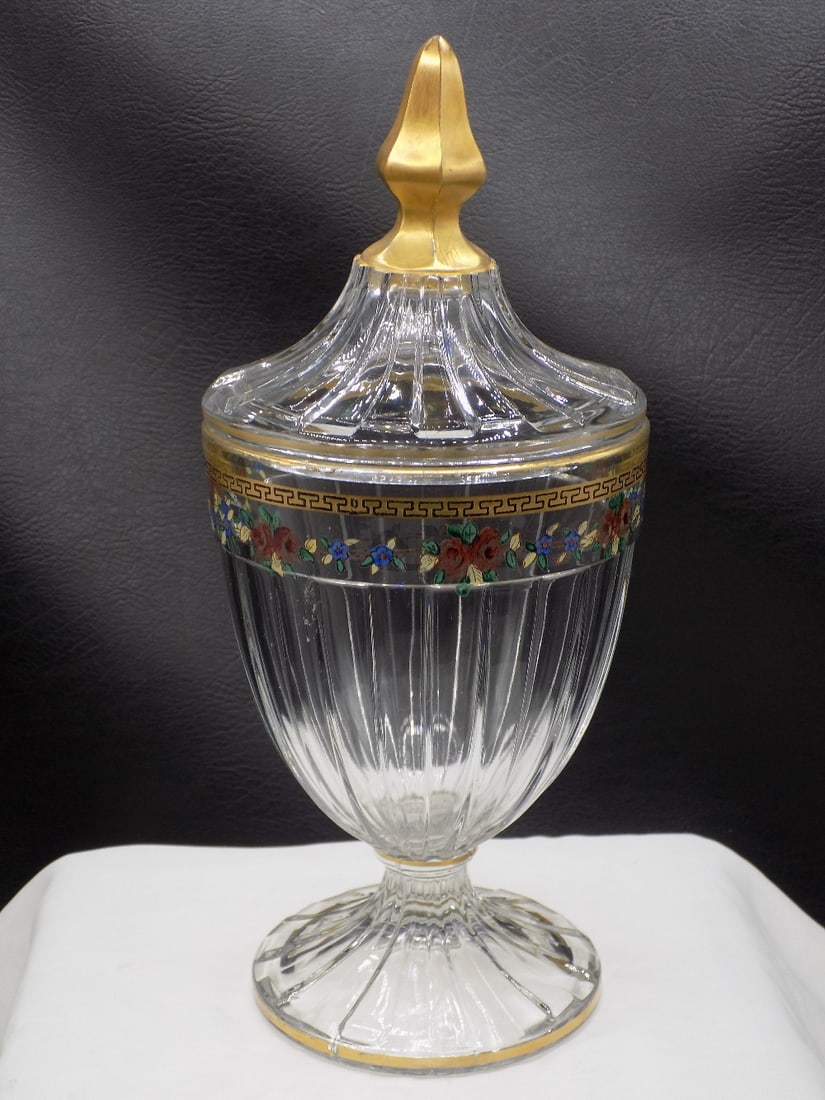 Lovely signed Heisey recessed panel floral decorated candy jar: Lovely signed Heisey recessed panel floral decorated candy jar. Marked as shown in photo. Beautiful colors. In very good original as found condition. Great quality and detail. 9 ¼ inches