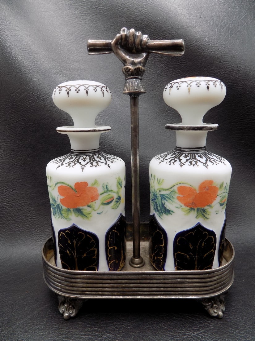 Highly decorated antique cologne or perfume bottles in silverplated holder (1 of 10)