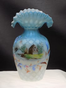 Antique blue diamond quilted satin art glass vase