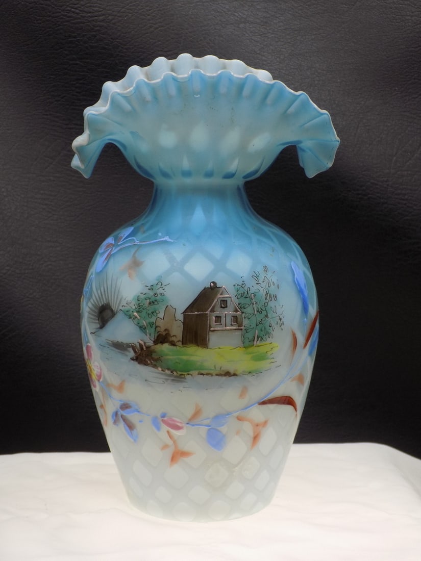 Antique blue diamond quilted satin art glass vase (1 of 7)