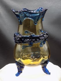 Fabulous antique Moser vase with blue lizard mounted amber art glass vase