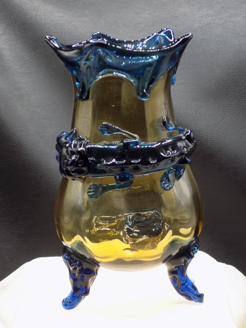 Fabulous antique Moser vase with blue lizard mounted amber art glass vase (1 of 8)