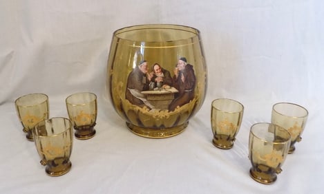 Rare exceptional Moser decorated art glass punch bowl and glasses