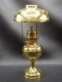 Wonderful antique Kosmos Brenner jeweled brass oil lamp