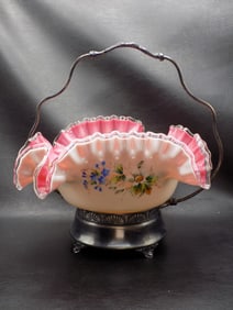 Exquisite antique decorated art glass brides basket