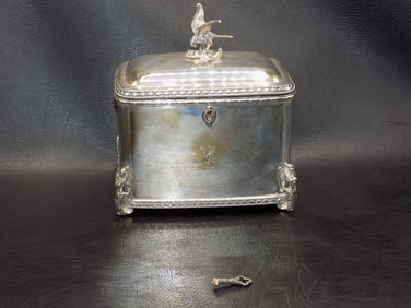 Fine antique silverplate jewelry box with bird finial