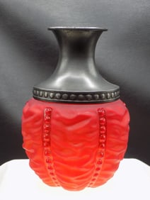Victorian ruby red beaded drape satin glass vase