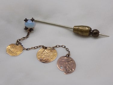 Victorian Love Token stick pin with two gold coins and one gold medal