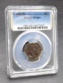 1937 D  Uncirculated graded by PCGS MS66  Buffalo nickel