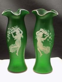 Antique pair of hand decorated satin glass art glass vases