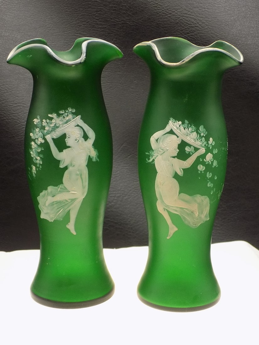 Antique pair of hand decorated satin glass art glass vases: Antique pair of hand decorated satin glass art glass vases. Dancing figures with flower baskets. Beautiful colors. In very good original as found condition. Great quality and detail. 6 ½