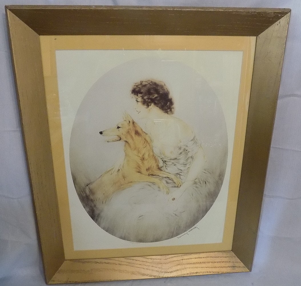 Authentic vintage signed and numbered Louis Icart aquatint etching: Authentic vintage signed and numbered Louis Icart aquatint etching. Titled Best Friends 1923 with windmill stamp Number 143 of 1000 made. Beautiful colors. In very good original as found condition.