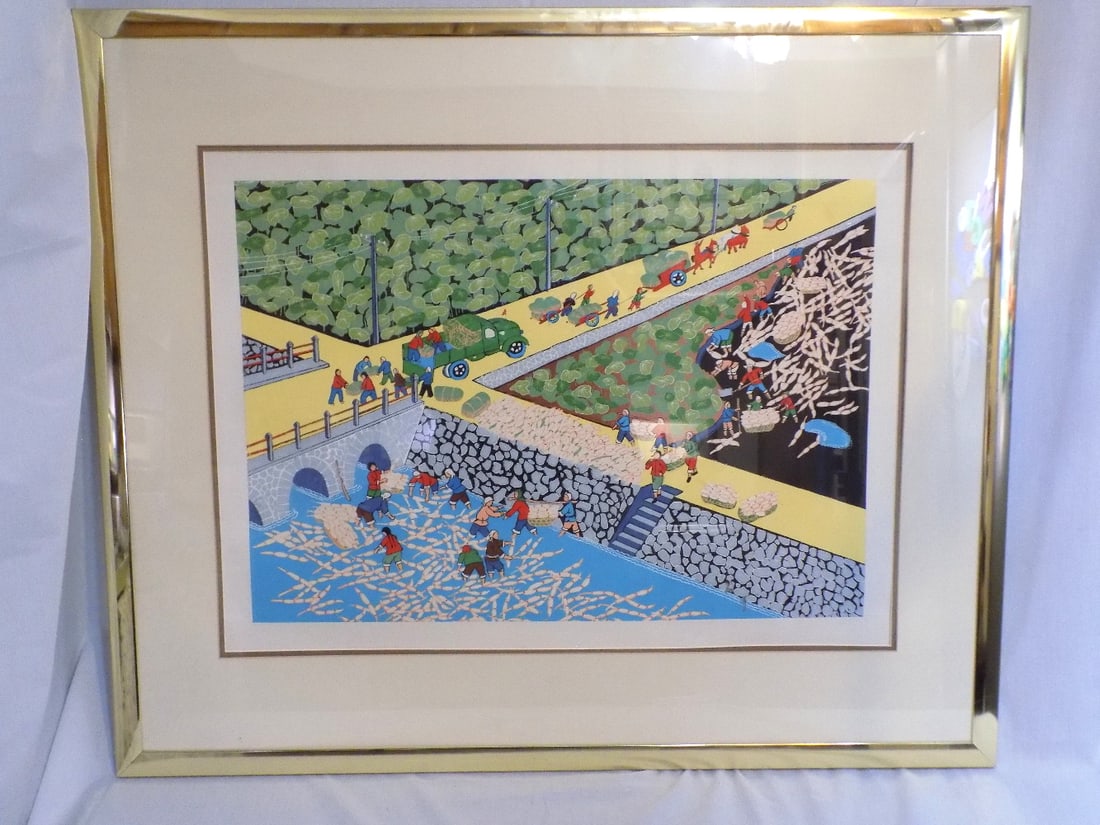 Vintage Chinese cultural serigraph of Lotus Root Harvest: Vintage Chinese cultural serigraph of Lotus Root Harvest. Beautiful colors. In very good original as found condition. Great quality and detail. 28 ½ x 33 ¾ inches. For in house