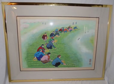Vintage Chinese cultural watercolor and gouche Workers in Rice Field