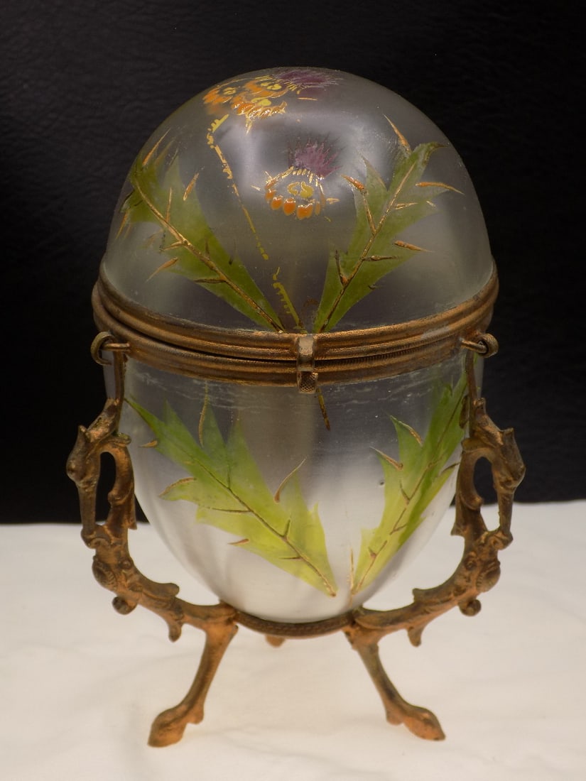 Antique hand decorated art glass jewelry box in bronze mounted figural frame (1 of 8)