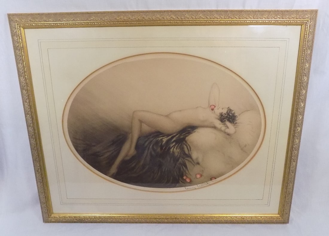 Authentic vintage signed and numbered Louis Icart aquatint etching: Authentic vintage signed and numbered Louis Icart aquatint etching. With windmill stamp and date. Title Eve. Beautiful colors. In very good original as found condition. Great quality and detail. Frame