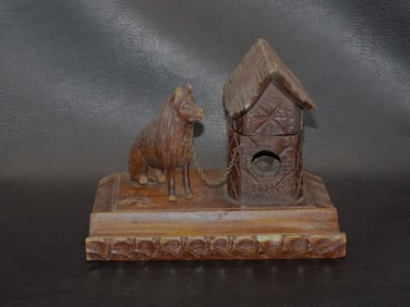 Unusual carved Black Forest inkwell with dog and doghouse