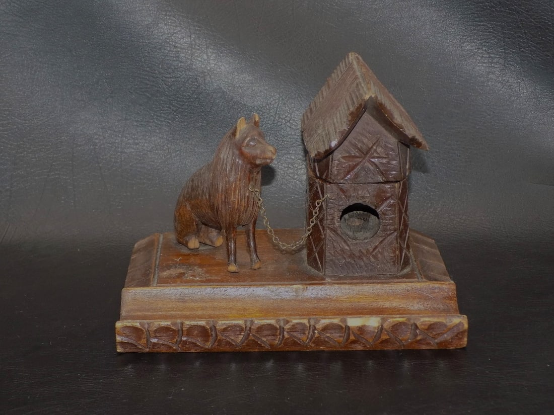 Unusual carved Black Forest inkwell with dog and doghouse (1 of 7)