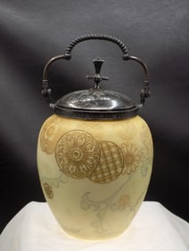 Antique Mt. Washington Crown Milano decorated art glass biscuit jar