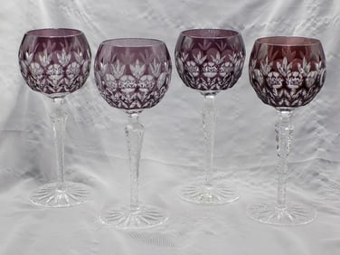 Beautiful set of four vintage purple to clear cut glass wine glasses