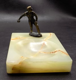 Art Deco bronze ball player sports figure on onyx base ring tray