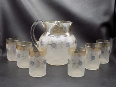 Antique  Pomona New England Art Glass Lemonade pitcher and tumblers