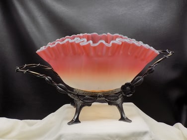 Beautiful antique Mt. Washington peach blow art glass brides bowl
