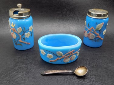 Antique coraline decorated Mt. Washington  three piece blue condiment set with spoon