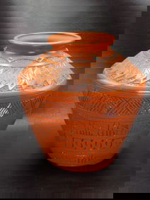 Vintage artist signed Navajo etched pottery vase with turquoise