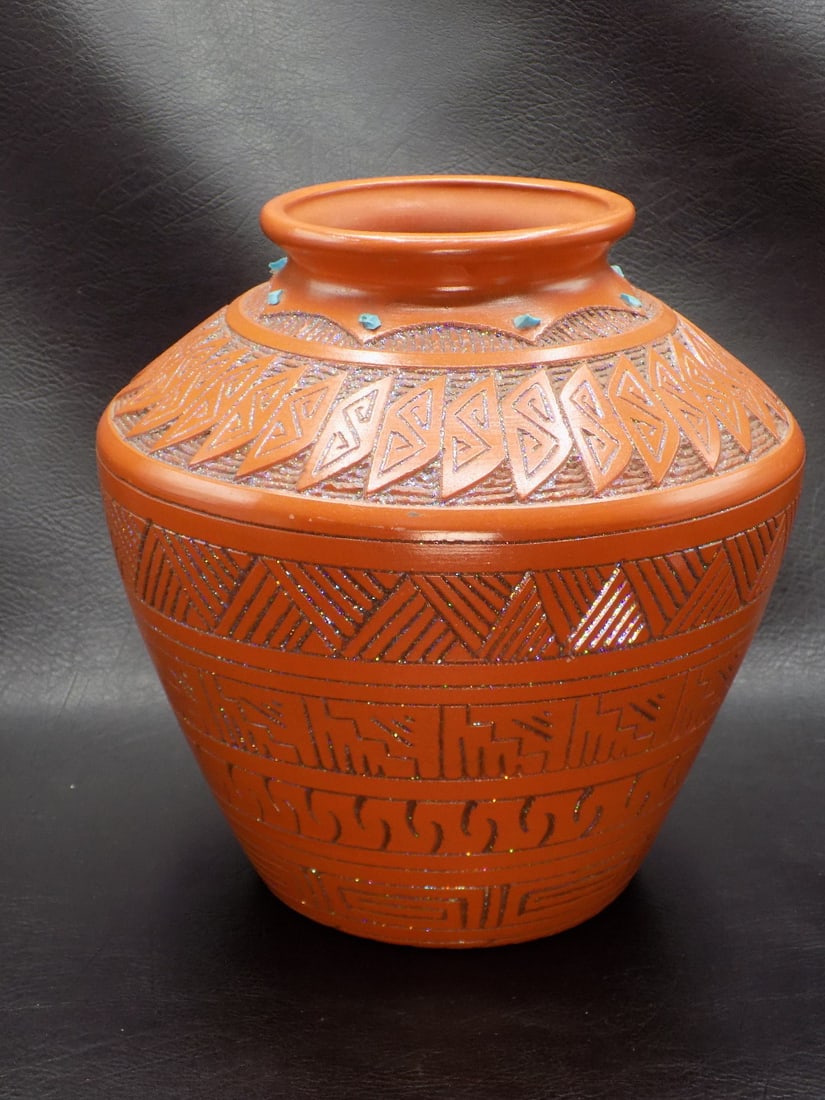 Vintage artist signed Navajo etched pottery vase with turquoise (1 of 6)