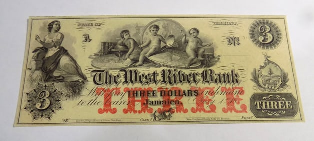 Civil War era West River Bank note $3.00 bill Vermont
