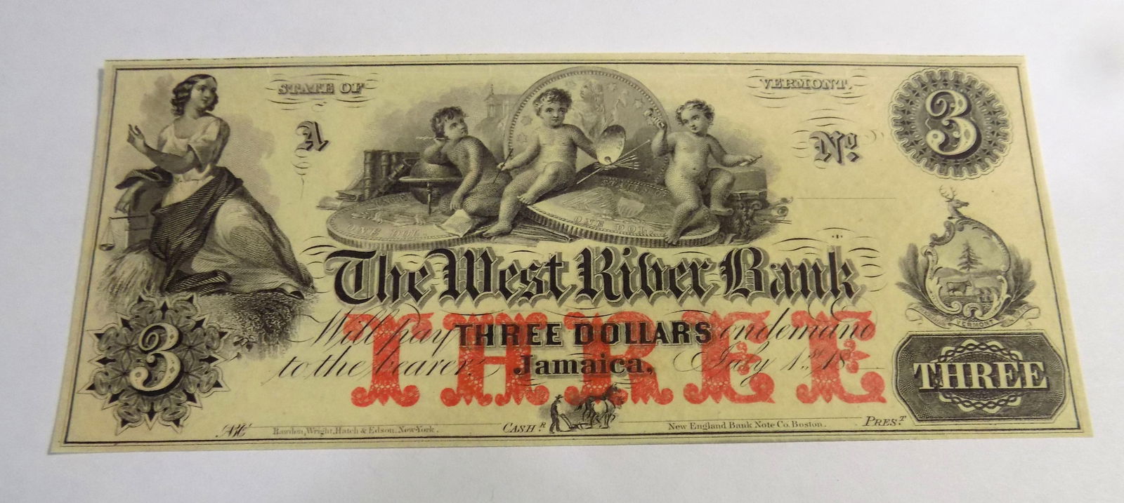 Civil War era West River Bank note $3.00 bill Vermont: Civil War era West River Bank note $3.00 bill Vermont. High grade. Please see photos for condition. For in house shipping, please call Mike at Thriftiques 319-321-0613.