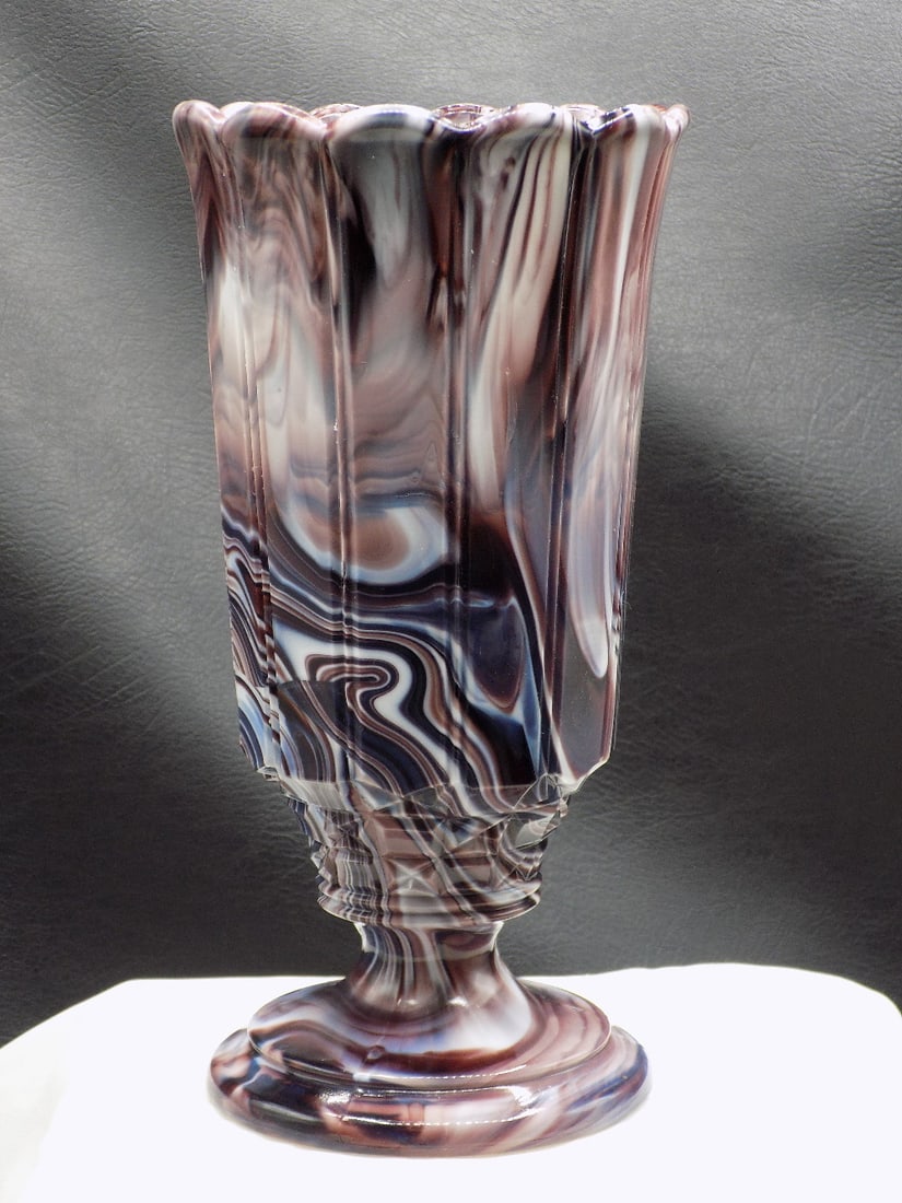 Antique amethyst slag glass celery vase. Probably Westmorland: Antique amethyst slag glass celery vase. Probably Westmorland. Beautiful vibrant colors. In very good original as found condition. Great quality and detail. White lines are camera flash reflection. 8