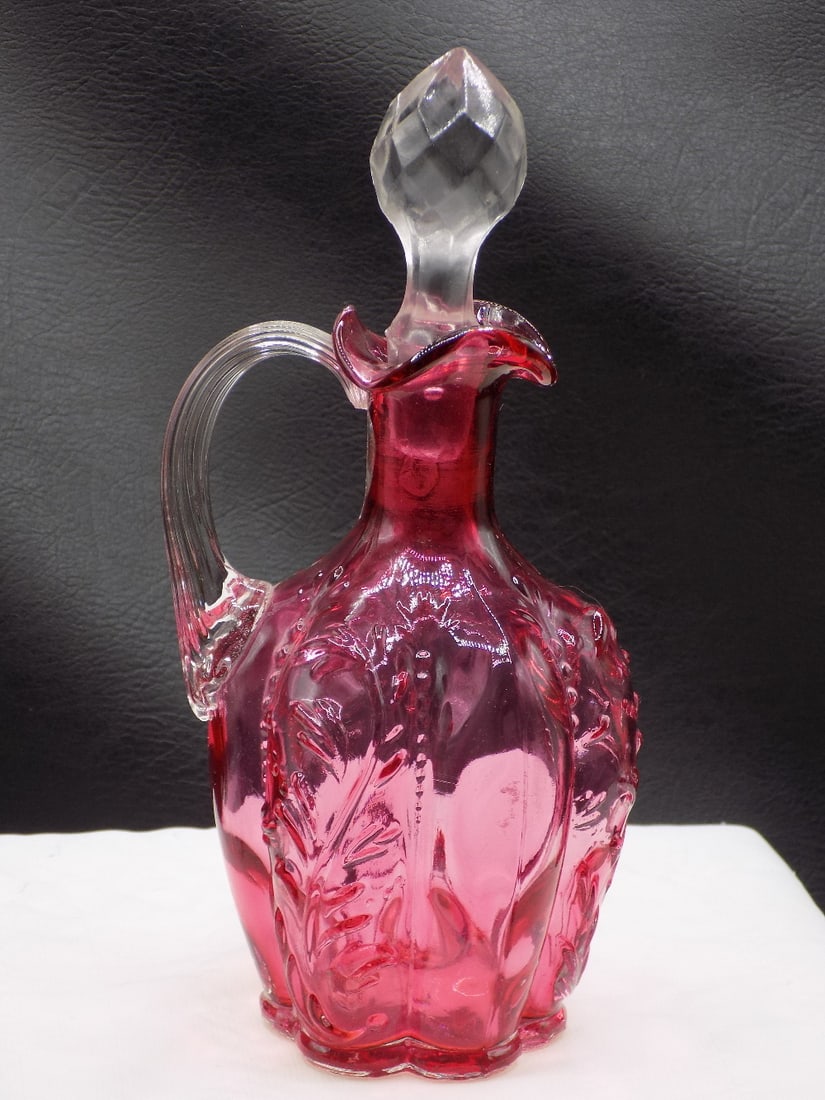 Vintage cranberry paneled sprig glass cruet (1 of 8)