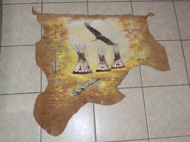 Vintage Native American Indian painting on leather hide