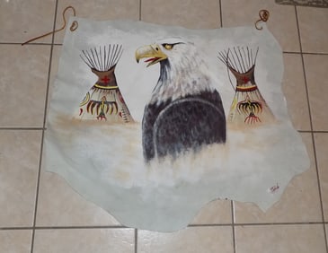 Vintage Native American Indian painting on leather hide