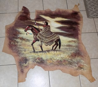 Vintage Native American Indian painting on leather hide.