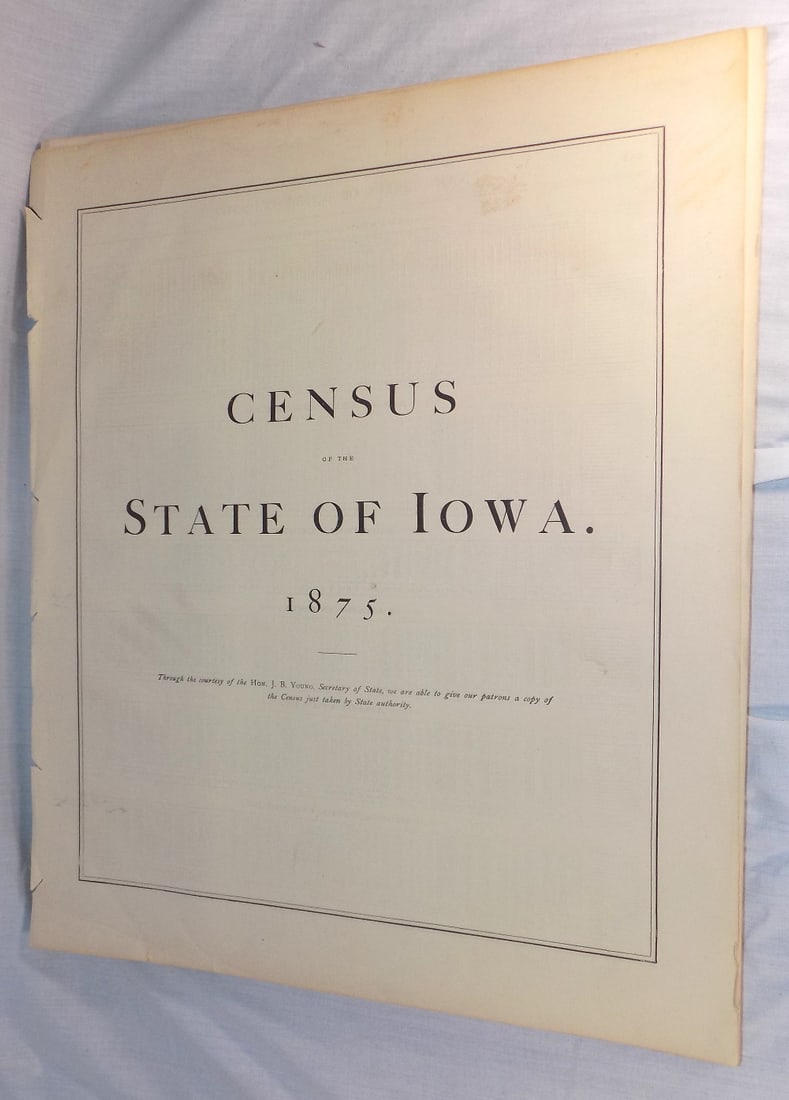 1875 Census of The State of Iowa: 1875 Census of The State of Iowa. Please see photos for condition. 18 x 15 inches. For in house shipping, please call Mike at Thriftiques 319-321-0613
