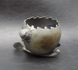 Unusual antique toothpick holder with chick in egg and wishbone