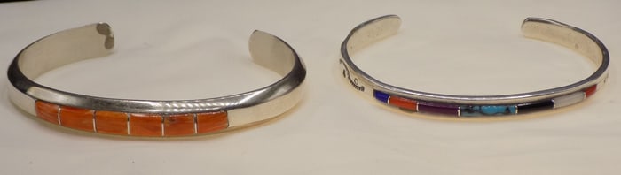 Two sterling silver inlaid semiprecious stone bracelets