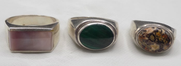 Three vintage sterling silver rings with semiprecious stones