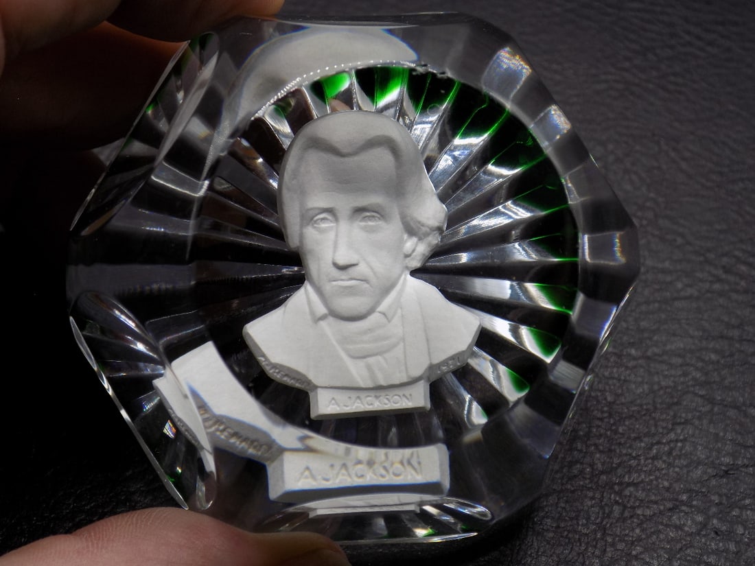 Vintage Baccarat sulphide paperweight of President Andrew Jackson: Vintage Baccarat sulphide paperweight of President Andrew Jackson. Beautiful colors. In very good original as found condition. Great quality and detail. 2 ¾ wide x 1 5/8 inches tall. For in hou