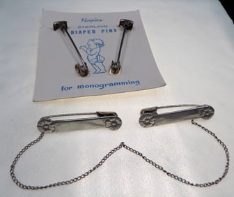 Vintage sterling silver shawl for cardigan attachments and Napier diaper pins