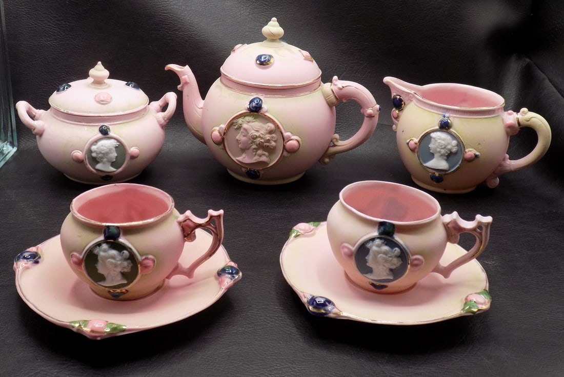 Antique Schafer & Vater pink bisque jasperware demitasse tea set (1 of 5)