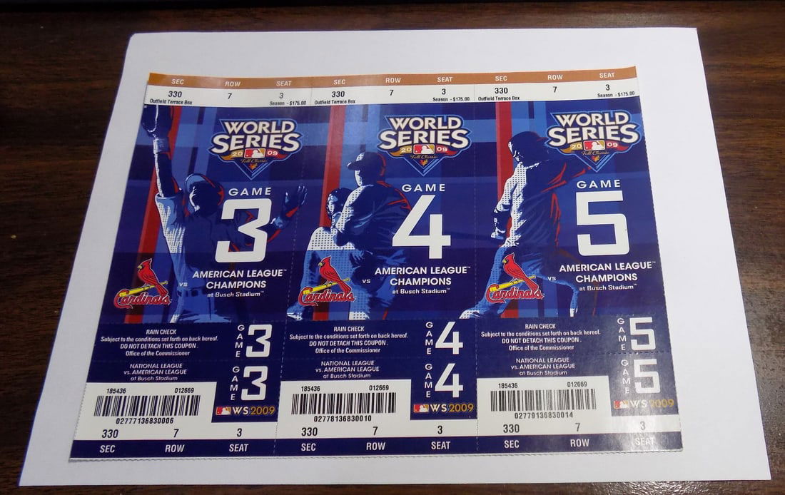 Three unused 2009 World Series tickets.: Three unused 2009 World Series tickets. Near mint condition. Great quality and detail. For in house shipping, please call Mike at Thriftiques 319-321-0613