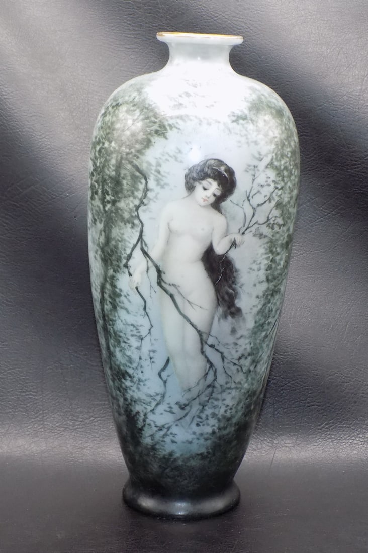 Art Nouveau Limoges hand painted vase with nude female in forest: Art Nouveau Limoges hand painted vase with nude female in forest. Marked on bottom as shown in photo. Beautiful colors. In very good original as found condition. Great quality and detail. 10 ¼