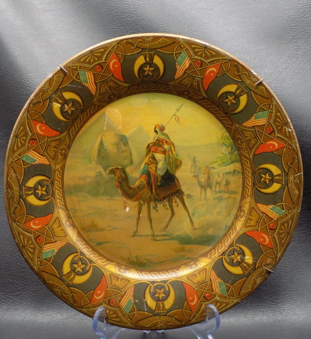 Good looking antique Royal Saxony tin art plate: Good looking antique Royal Saxony tin art plate. Marked on back as shown in photo. Appears to have American flags and Ottoman flags on border. Beautiful colors. In very good original as found conditio