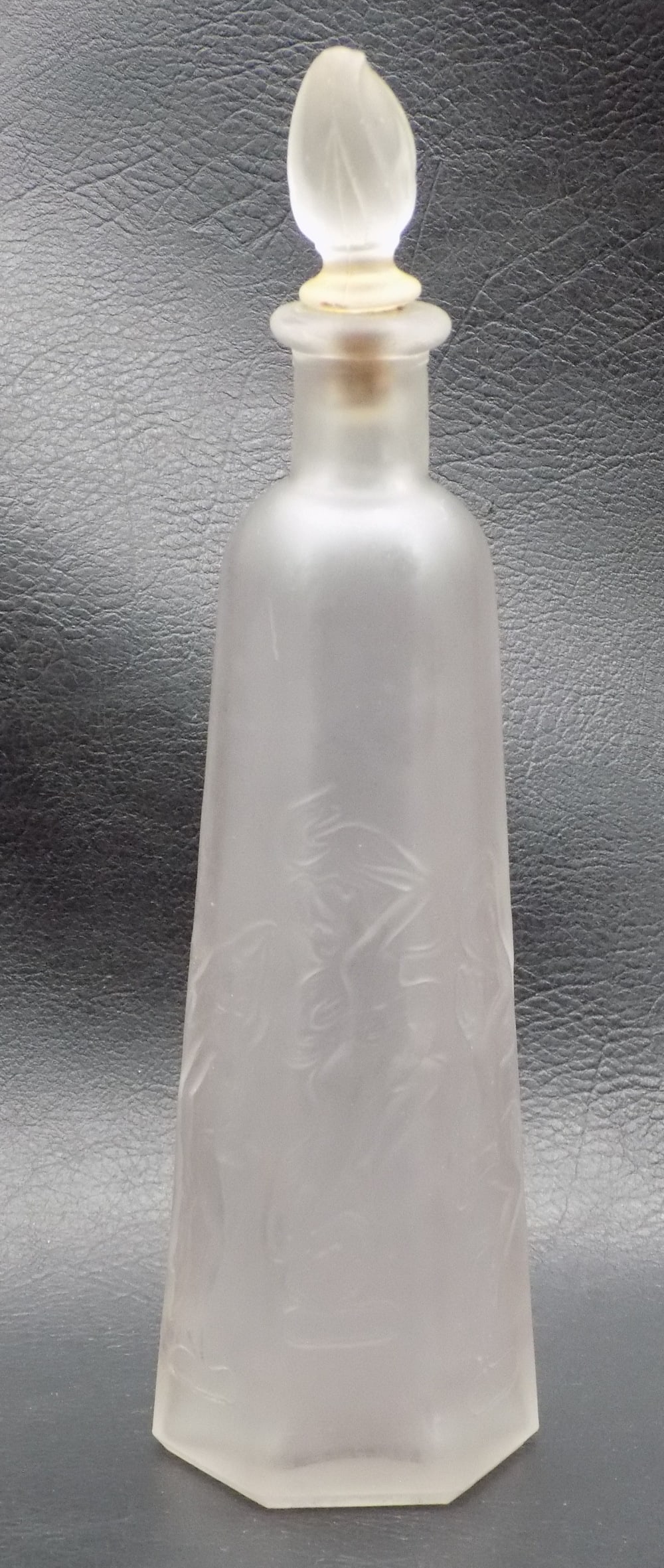 Art Nouveau Lalique style nude decorated art glass perfume bottle.: Art Nouveau Lalique style nude decorated art glass perfume bottle. No maker markings. Different female nudes on each side. In very good original as found condition. Great quality and detail. 7 5/8 inc
